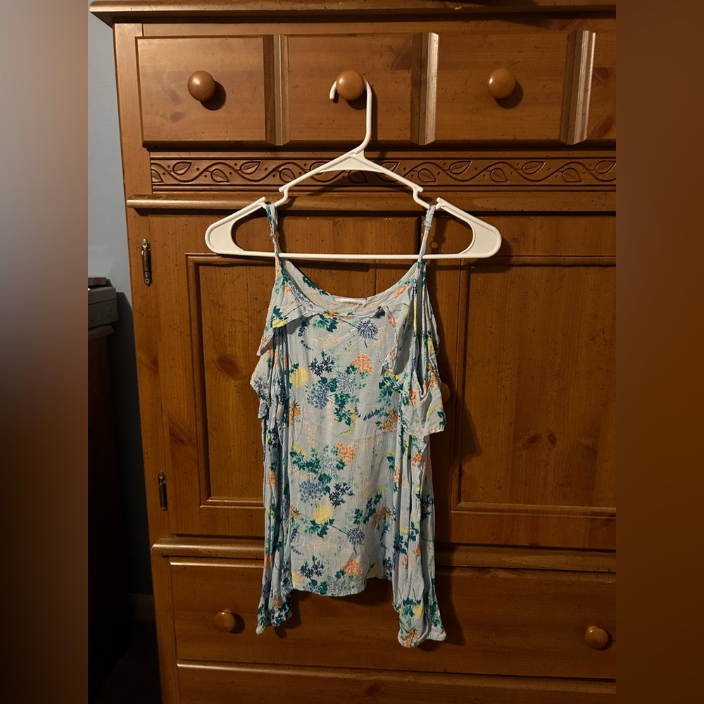 Light blue, spaghetti strap, off the shoulder, long sleeve top